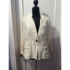 Ambitions Ivory Blazer Jacket Ruffle Pocket Puff Shoulder Cream Large